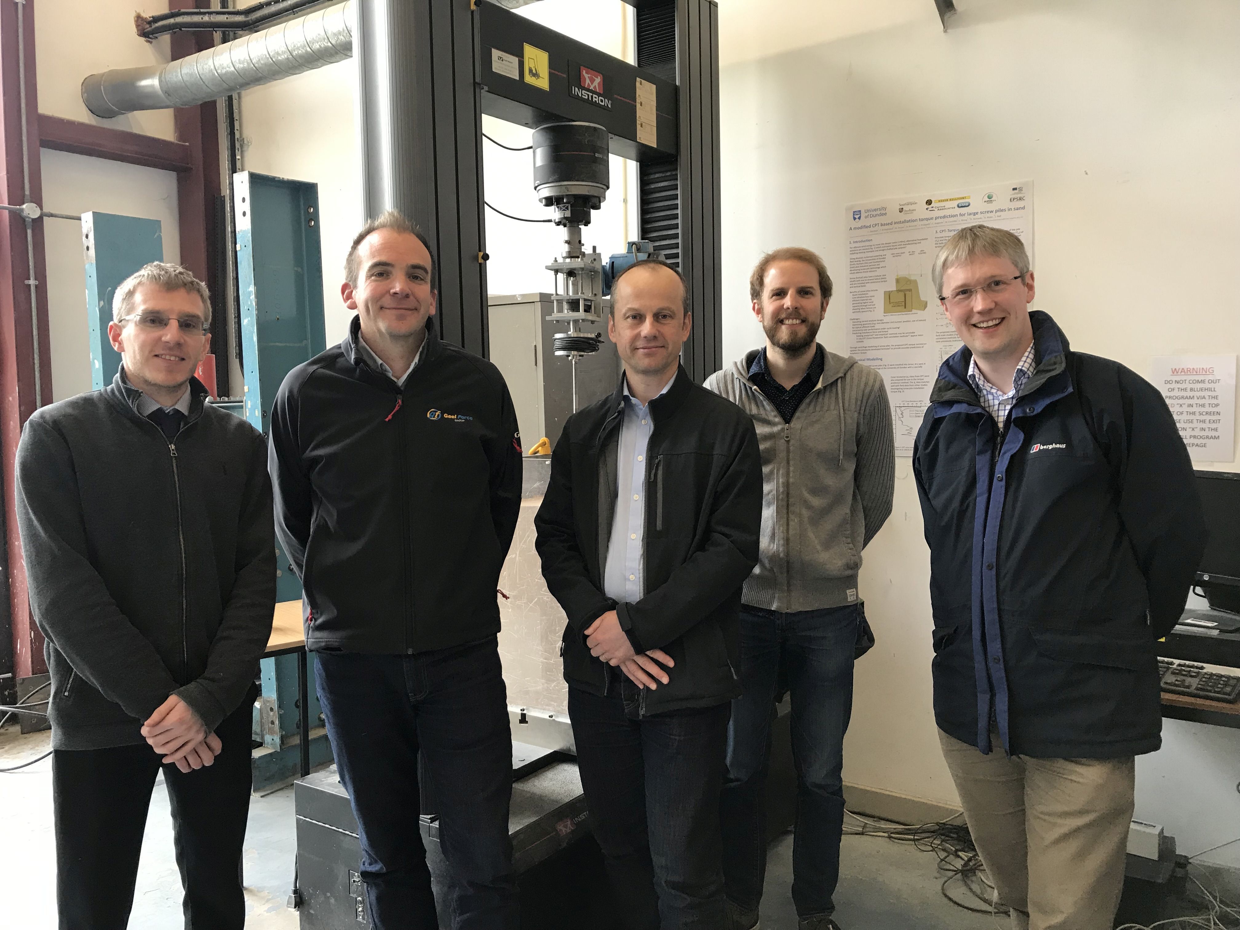 Consortium members (left to right): Adam Caton (SME), Jamie Young (Gael Force), Andy Hunt (SME), Benjamin Cerfontaine (University of Dundee), and Jonathan Knappett (University of Dundee)

 