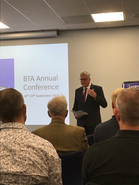 Fergus Ewing addressing trout farmers and industry representatives at the BTA conference yesterday