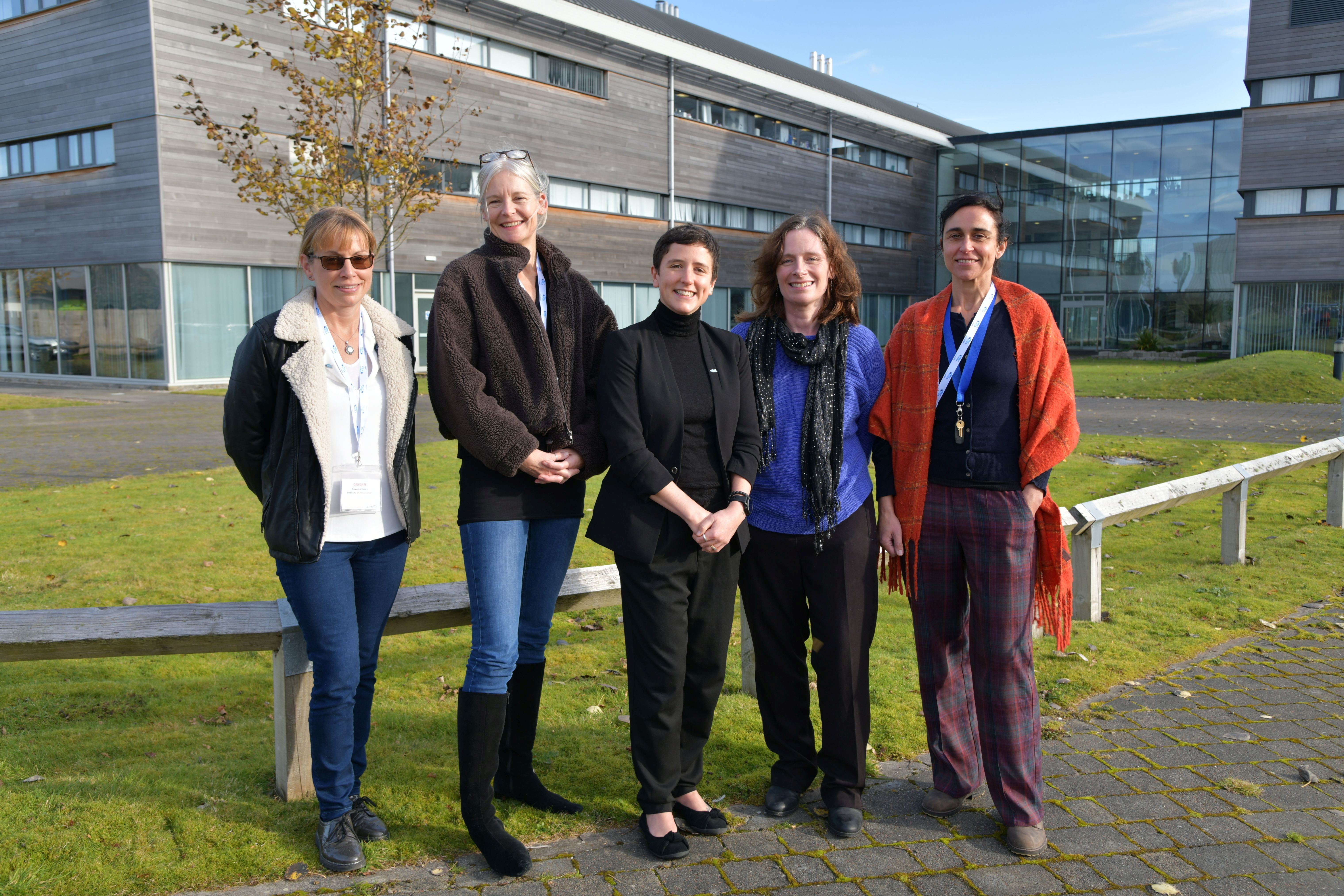 The minister (centre) at SAMS with (from left to right) Rowena Hoare and Sophie Fridman of the Institute of Aquaculture, Mary Fraser of SAIC, and Teresa Garzon of Patogen
