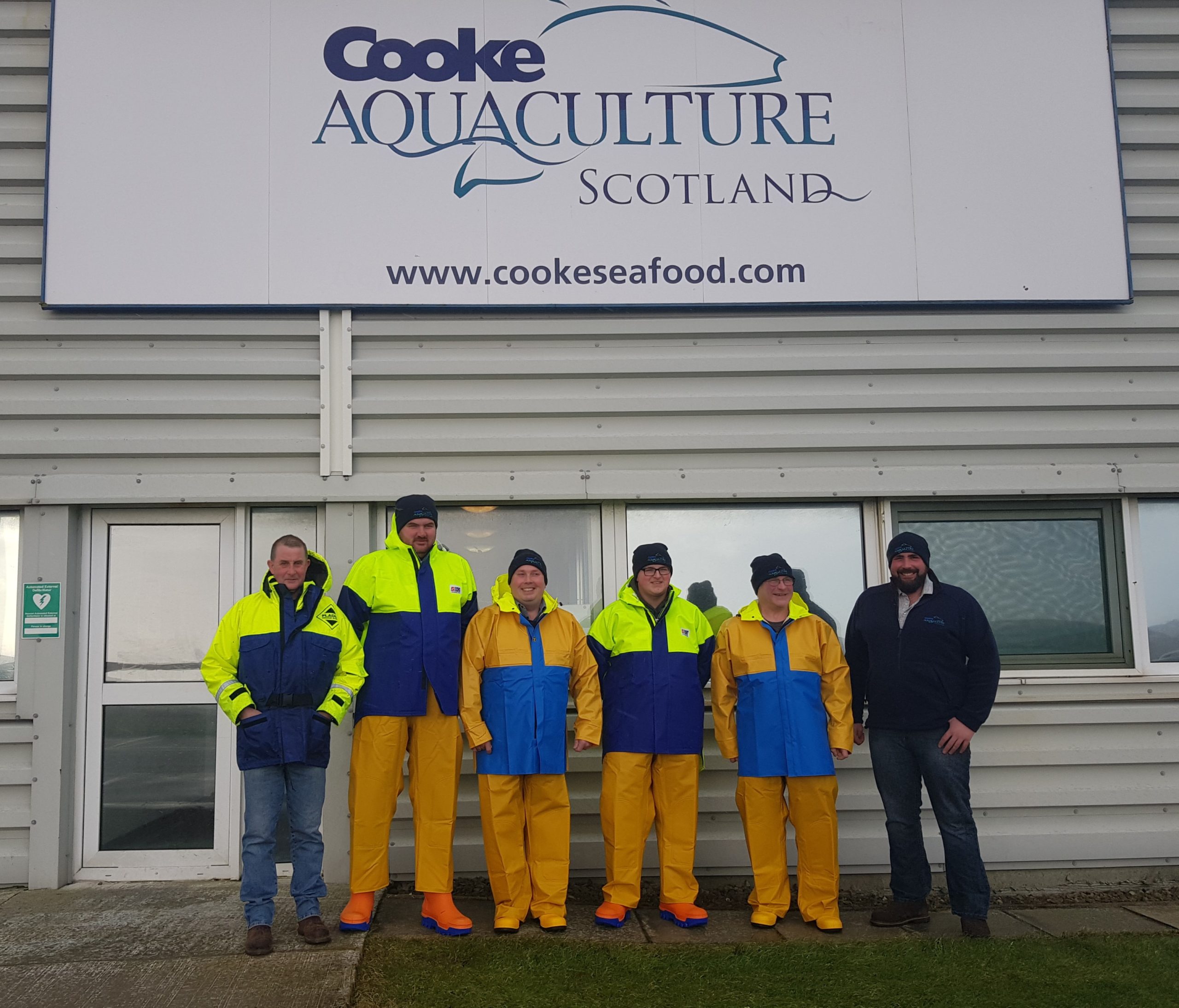 The Cooke Orkney team (from left to right): Orkney area manager Robert Peterson, Bryan Carr, Richard Groat, Johnny Smith, Robin Graham, and site manager Norman Peace (photo: Cooke Aquaculture)