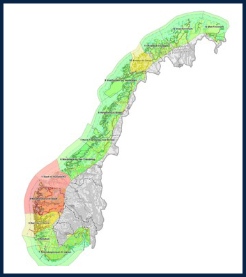Norway's new salmon map showing the green, yellow and red zones