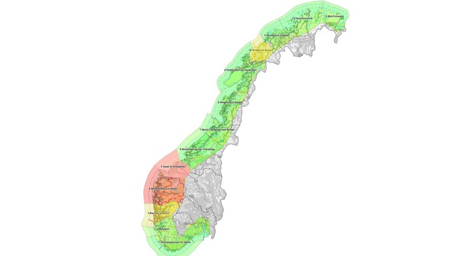 Map showing the green, yellow and red areas in Norway's traffic light scheme