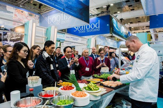 The Scottish pavilion at the Brussels seafood show last year - demand has been hit by the Covid-19 outbreak