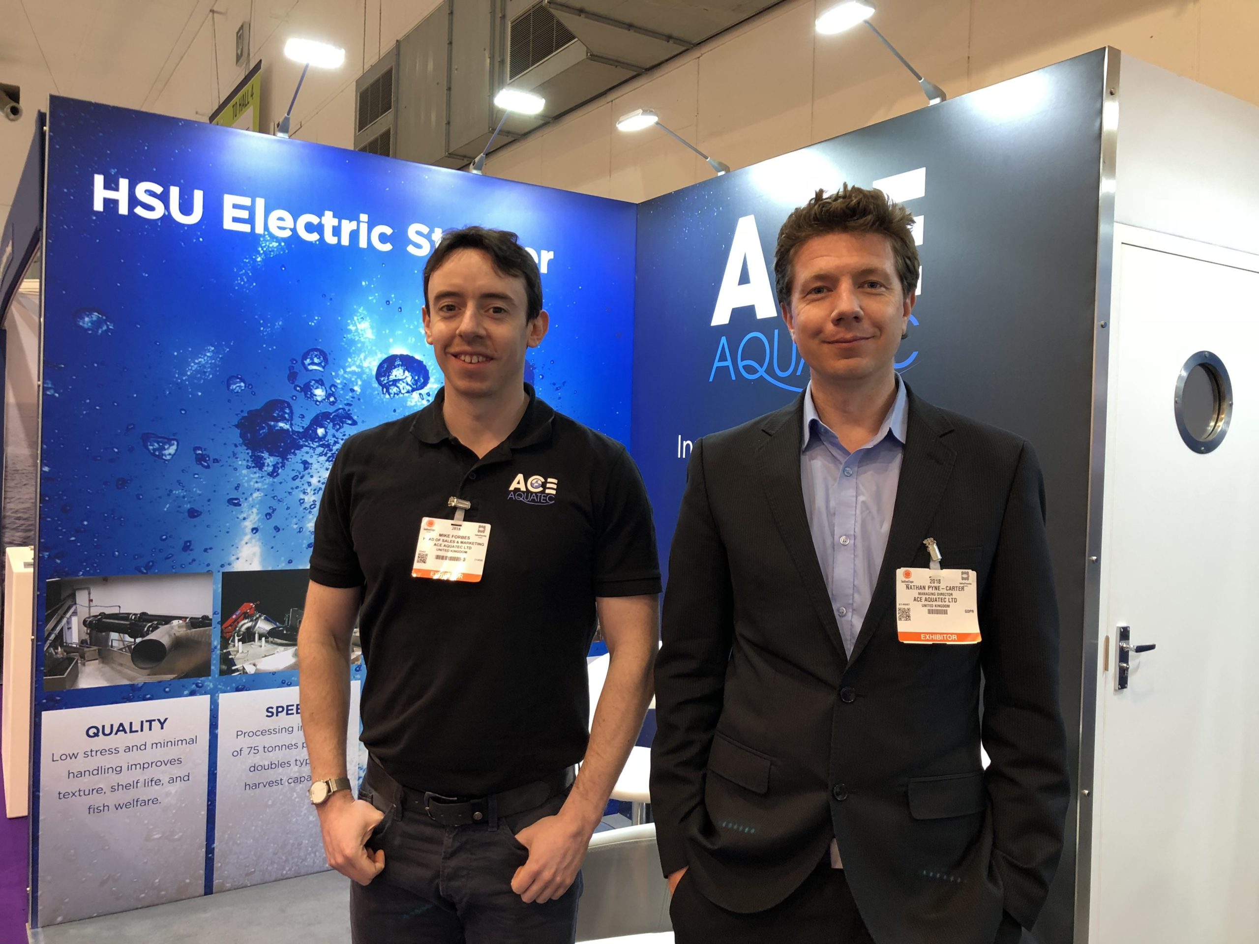 Ace Aquatec's Mike Forbes and Nathan Pyne-Carter present the Humane Stunner Universal technology at the 2018 Seafood Expo in Brussels