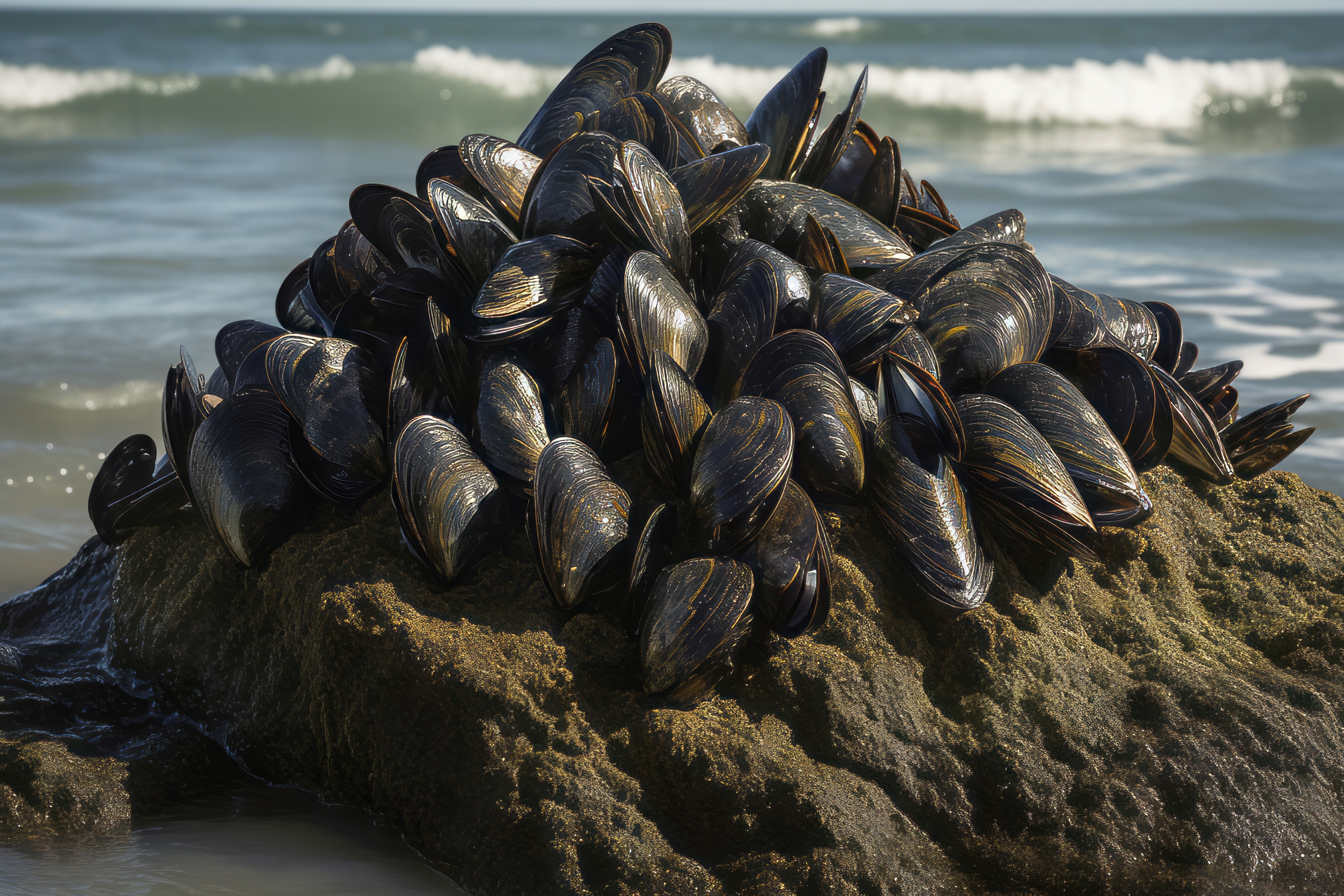 Pile of mussels on sea sand. Seafood mussel on marine coastline habitat.