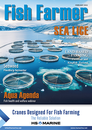 Fish Farmer February 2024 cover, net pens in winter with snow
