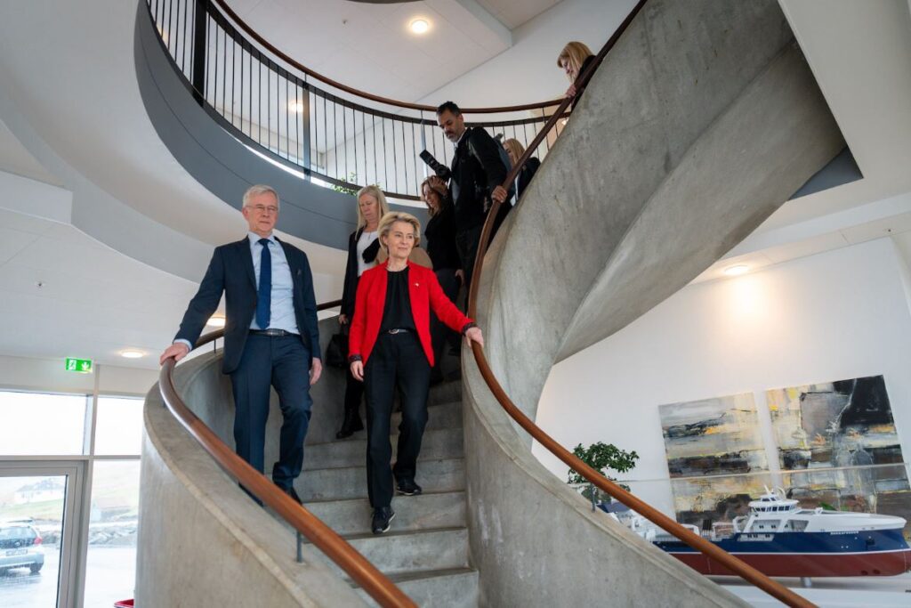 European Commission President Ursula vo der Leyen visits the Bakkafrost HQ, Faroes, with Bakkafrost CEO Regin Jacobsen