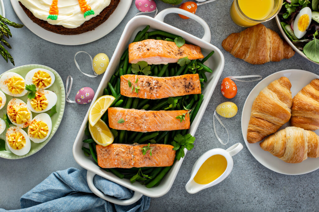 Roasted salmon and green beans for Easter brunch