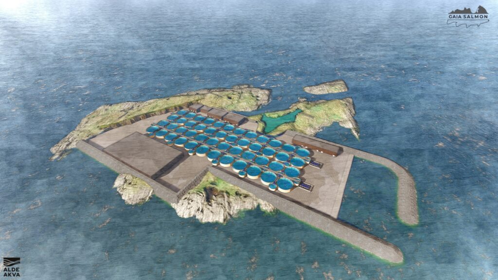 How the proposed Gaia Salmon post-smolt facility at Traena will look.