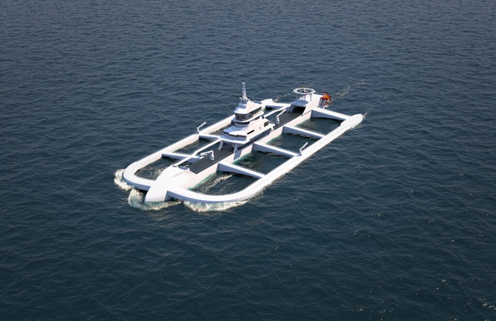 Catamaran fish farm vessel in a blue sea