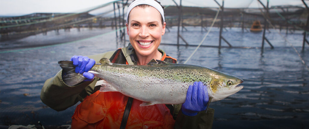 Cooke Aquaculture worker with salmon