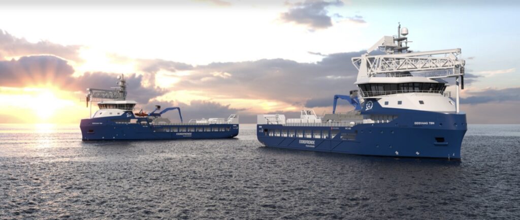 Rendering of two planned feed transport vessels