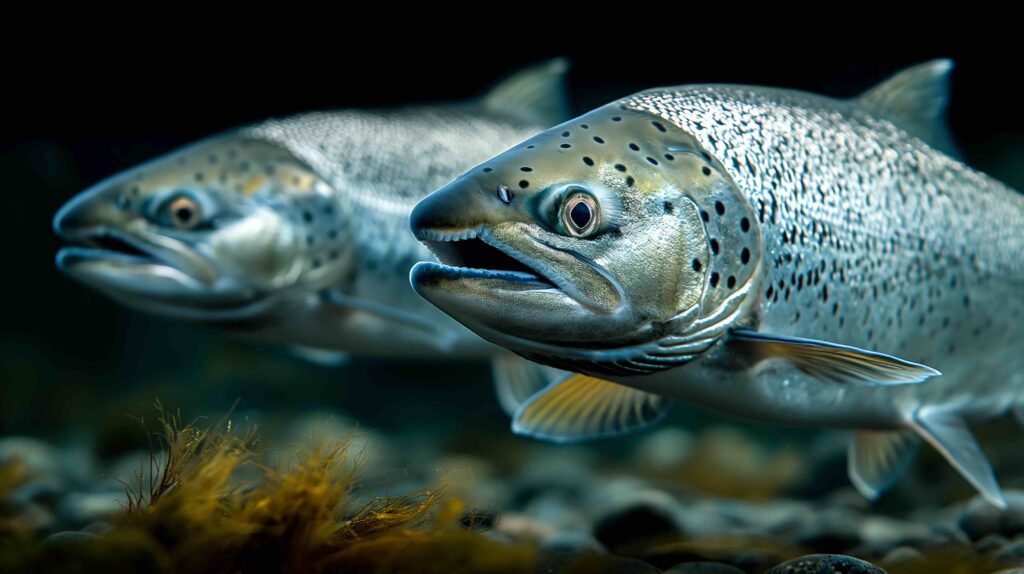 Close-up of pair of wild salmon fish swimming in the river